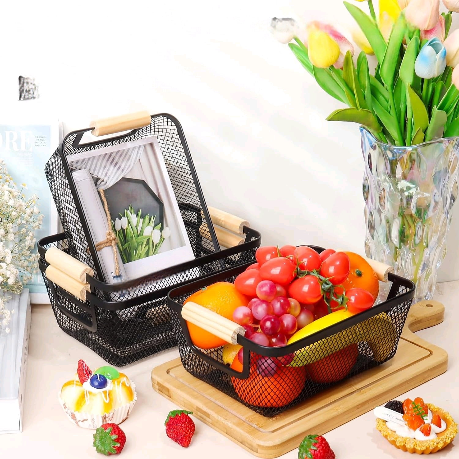 6Pack Black Wire Basket with Wooden Handle, Storage Bins for Pantry, Metal Mesh Basket for Kitchen Organization, Snack Organizer for Home Cabinet Closet Bathroom Fridge Fruit Makeup and Office