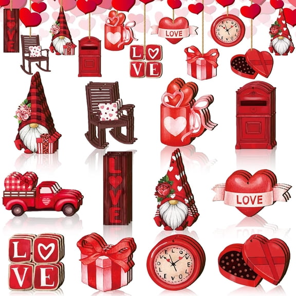 36 Pcs Valentine's Day Wooden Ornaments Red Valentine Tree Decorations Heart Love Gnomes Truck Holiday Wood Cutouts Valentines Ornaments for Christmas Tree Home Indoor Craft Party Decor