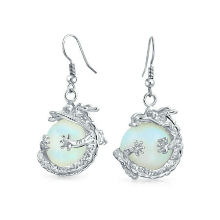 Bling Jewelry Simulated Opalite Glass Orb Dragon Earrings Rhodium Plated Brass