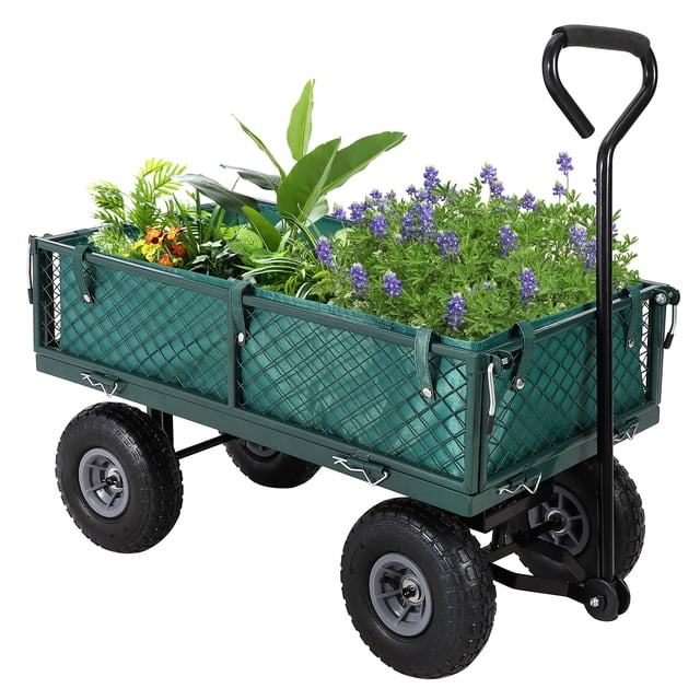 QinaQin Carrito de jardín de acero 3 en 1 con laterales removibles, capacidad de 200 kg, llantas neumáticas de 25 cm y manija 2 en 1, ideal para patio, granja o rancho