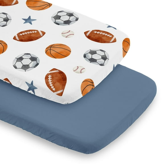 Sweet Jojo Designs Watercolor Sports Theme Blue Brown and Orange Baby Bassinet Fitted Sheets 2 Piece Set