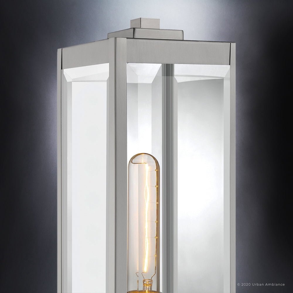 Luxury Modern Farmhouse Outdoor Post Light, 16.00''H x 7.50''W, with Industrial Style Elements, Minimalist Design, Stainless Steel Finish and Clear Beveled Glass, UQL1365