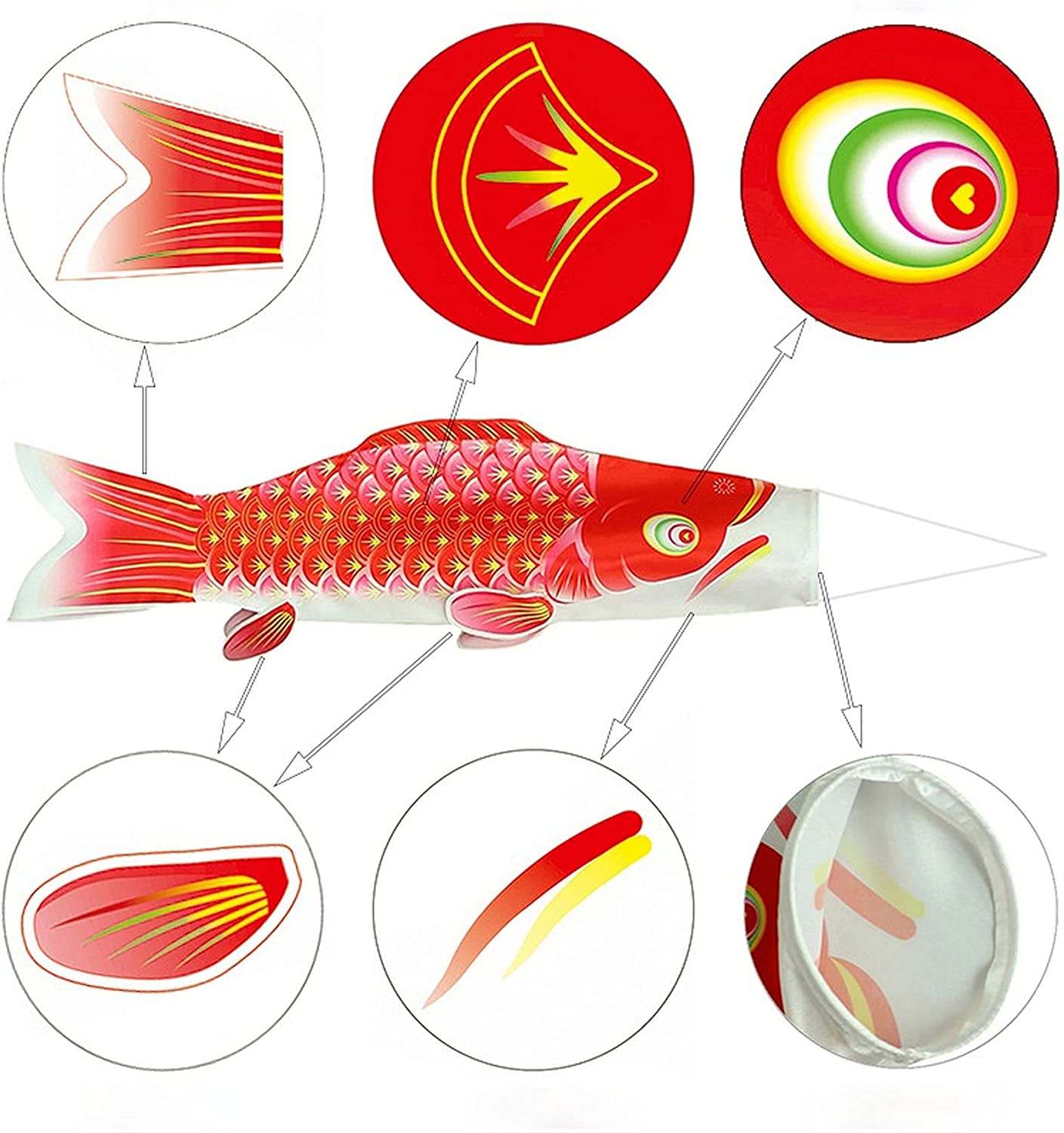 KENJI　鯉のぼり 6pcs/Set Koinobori Japanese Carp Windsock, 70x18cm Wind Koi