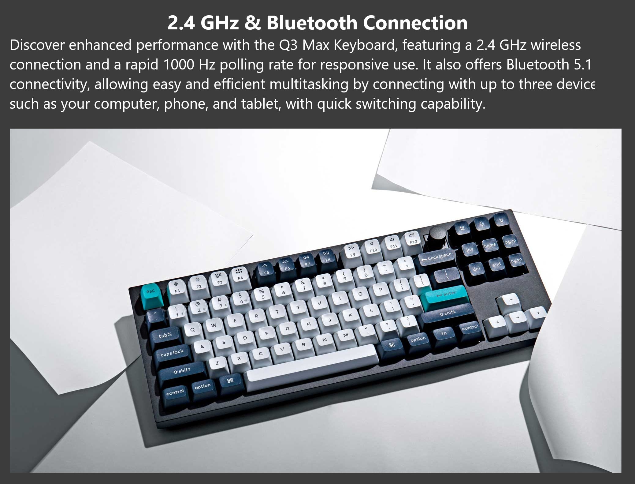 Keychron Q3 Max Hot-swappable RGB Mechanical Keyboard 2.4 GHz & Bluetooth Jupiter Switch Aluminum Frame TKL Layout (87 Keys) for Windows Mac OS