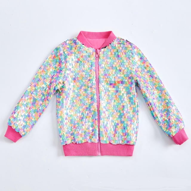 YUNAFFT Kids Windbreaker Loose Fit Shiny Sequins Zipper Jacket Lightweight Polyester 2-12Y Long Sleeve Casual Solid Color