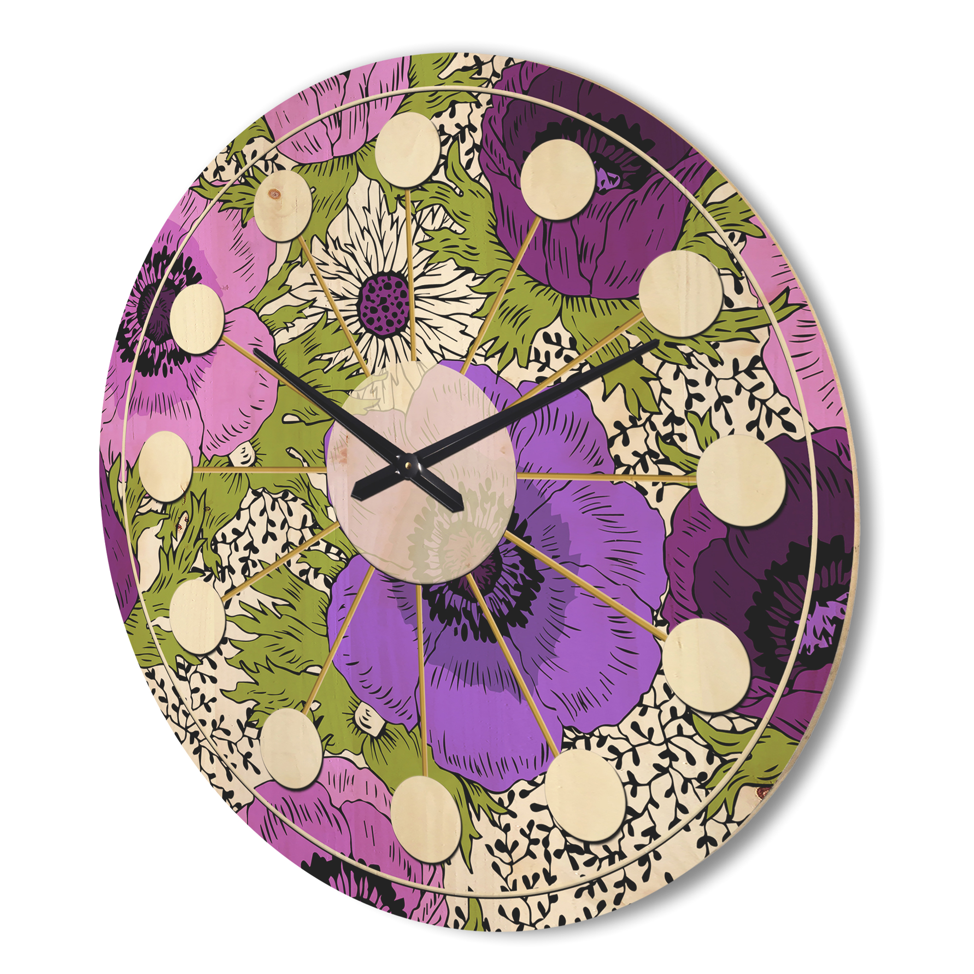 Designart 'Purple Fantasy Flowers Retro Pattern' Mid-Century Modern Wood Wall Clock