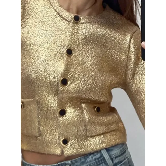 Suéter de punto ajustado con cuello redondo para mujer, Jersey corto con botones, chaqueta elegante de calle alta con bolsillo, color dorado brillante, otoño