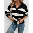 thumbnail image 4 of Women'S Sweater Loose Long-Sleeved Lapel Knitted Top Sweater Striped Contrast Color Pullover Black S, 4 of 8
