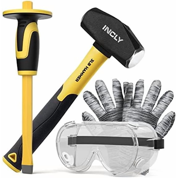 4 PCS Geology Rock Pick Equipment Kit, 3 Pound Sledge Rock Hammer with 12" Mason Concrete Chisel, Safety Glasses, Gloves, Tool Set for Hounding, Gold Mining & Prospecting, Brick Stone Breaking