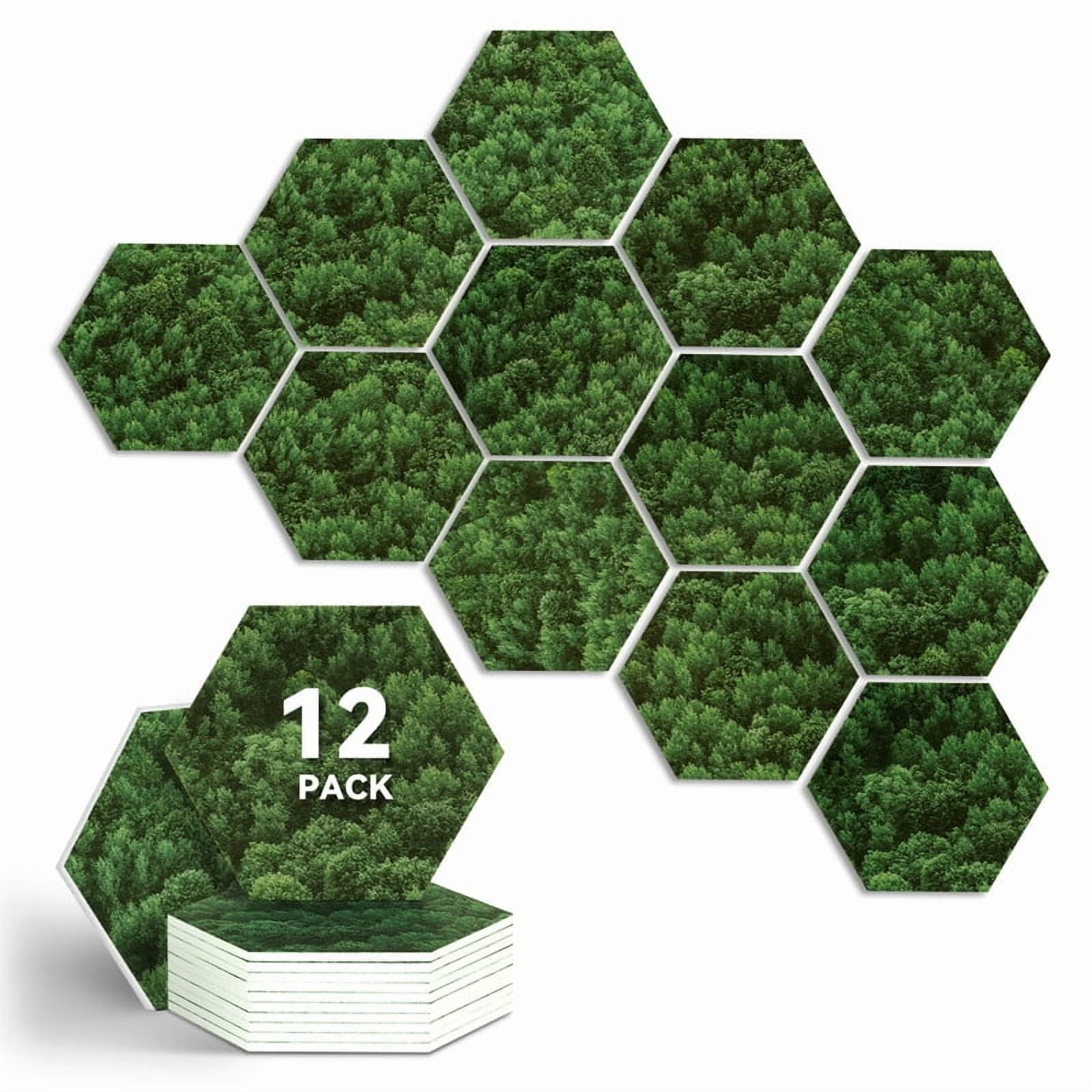 DOLLAR BOSS 12Pcs Self Adhesive Felt Board Tiles Wall Decor Hexagon Bulletin Board for Walls, Green Forest Pattern Print Felt Cork Pin Board for Pictures Photos Memos with Push Pins