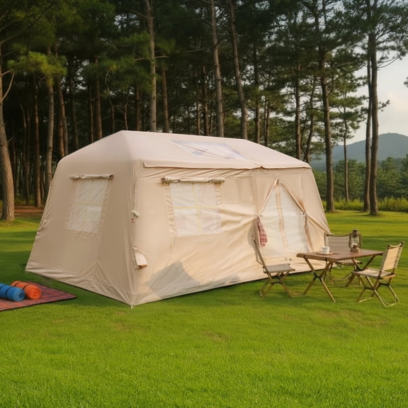 Inflatable Camping Tent, 11m² Large Space Blow Up Tent with N300 Mesh Windows Stove Jack Waterproof 420D Oxford Air Tent, Quick Setup with Manual Pump, Sun & Rain Protection for Family Glamping