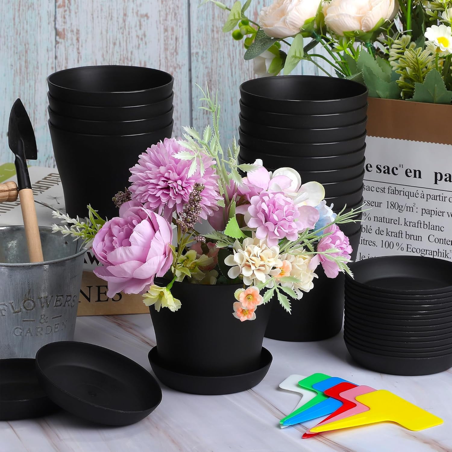 GIXUSIL Modern Matte Black Plant Pots (8-Pack, 4.8 Inch) with Drainage Holes & Trays, Plastic Planter Set for Windowsill, Desk, Kitchen Herb Garden, Succulents- Lightweight & Durable