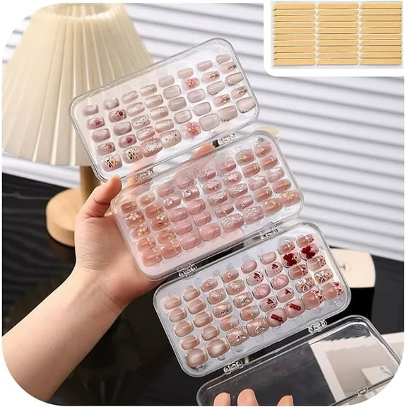 Three-Layer Folding Clear Press on Nails Storage Box with 30 Pcs Adhesive Double Sided Tape Large Transparent Acrylic Nail Display Box Artificial False Nail Box Organizer Fake Nail Case Boxes