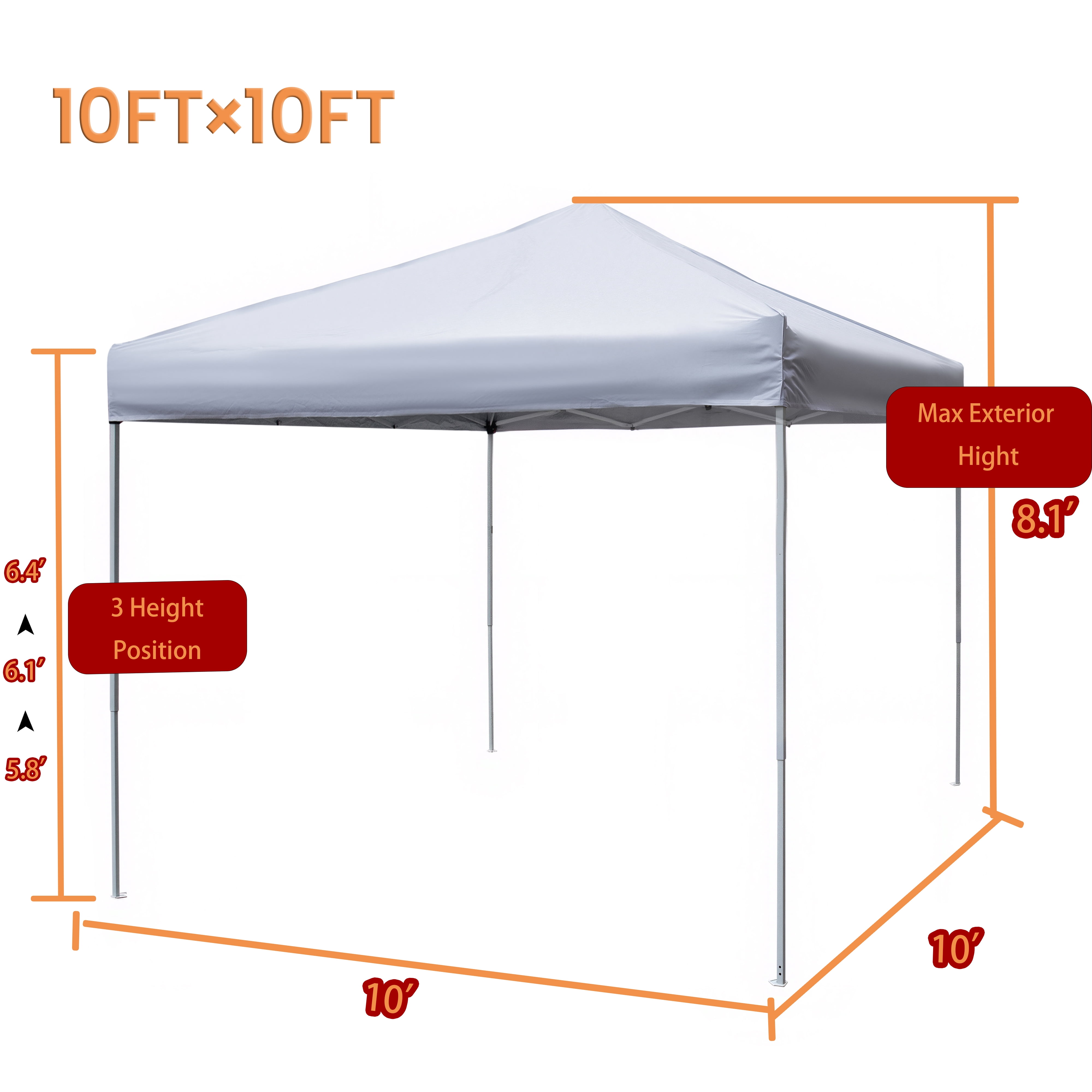 Leumius 10x10 ft Pop Up Canopy Tent with 3 Adjustable Heights (5.8-6.4ft) ,Portable Gazebo Instant Canopy for Camping Beach,White