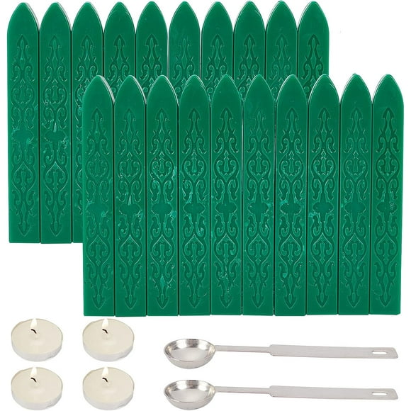 20pcs Sealing Wax Sticks Fire Manuscript Wax Seal Stick Metallic 2pcs Wax Spoon 4pcs Candles Vintage Sealing Wax for Wax Seal Stamp Wedding Invitation-Dark Green
