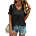 thumbnail image 3 of Liher Women Basic Tshirts V Neck Summer Tops Roll Short Sleeve Tee Shirts Casual Loose Solid Tunic Blouse Top Black XL, 3 of 6