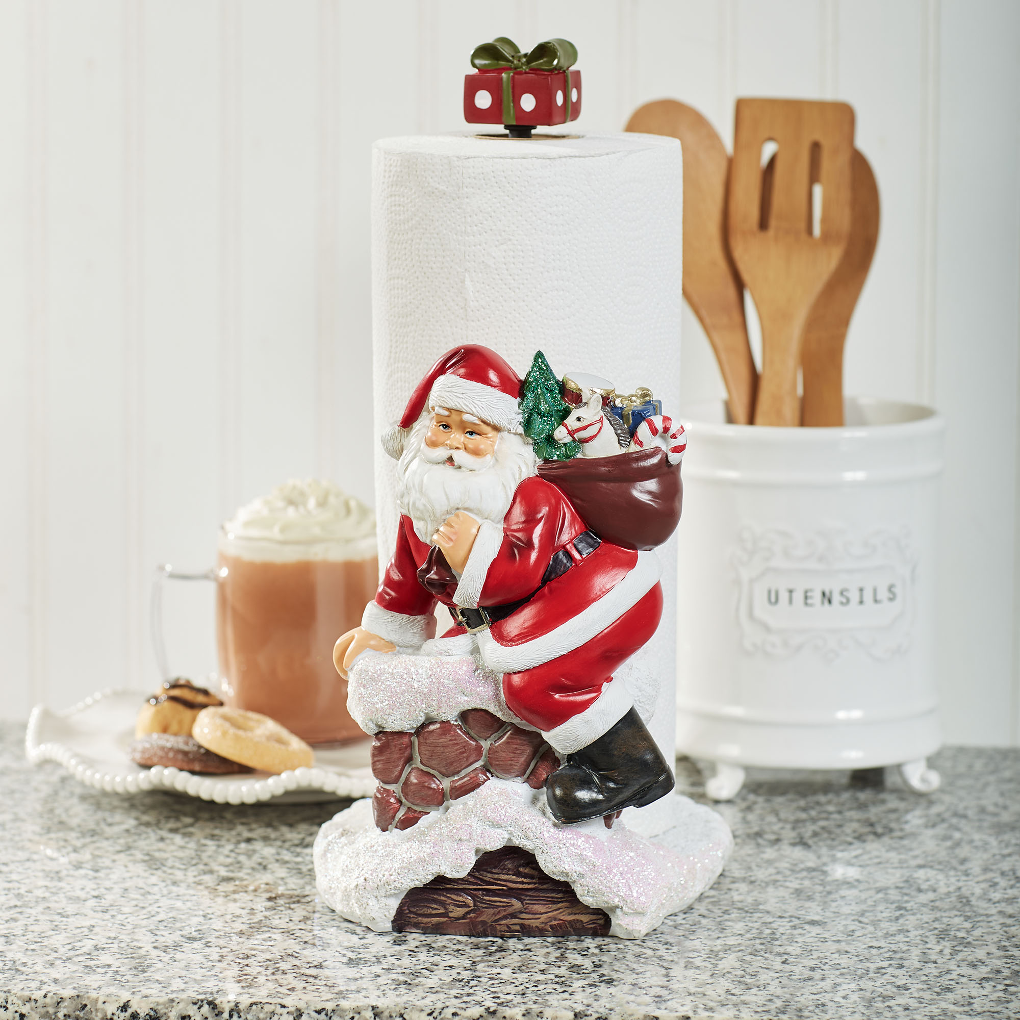 Santa Claus Down the Chimney Paper Towel Holder Holiday Red - 13 Inches High 7"Wx8"Dx13.5"H