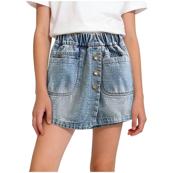 QINGFSAP Big Girls Cargo Denim Skort with Lining Shorts and Pockets, Elastic Waist Skirt for Youth 4T To 12T
