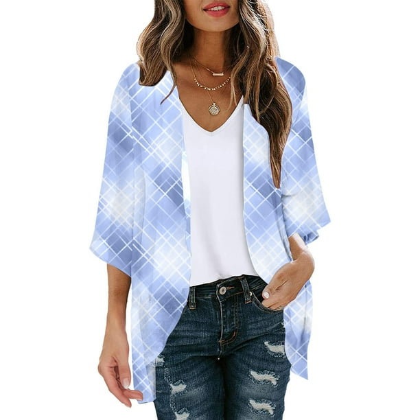 PMUYBHF Femme Womens Ouvert devant Cardigan Ete Women S Floral Imprime Bouffant Manches Kimono Cardigan en Vrac Couvrir Casual Chemisier Tops S Bleu Clair Walmart