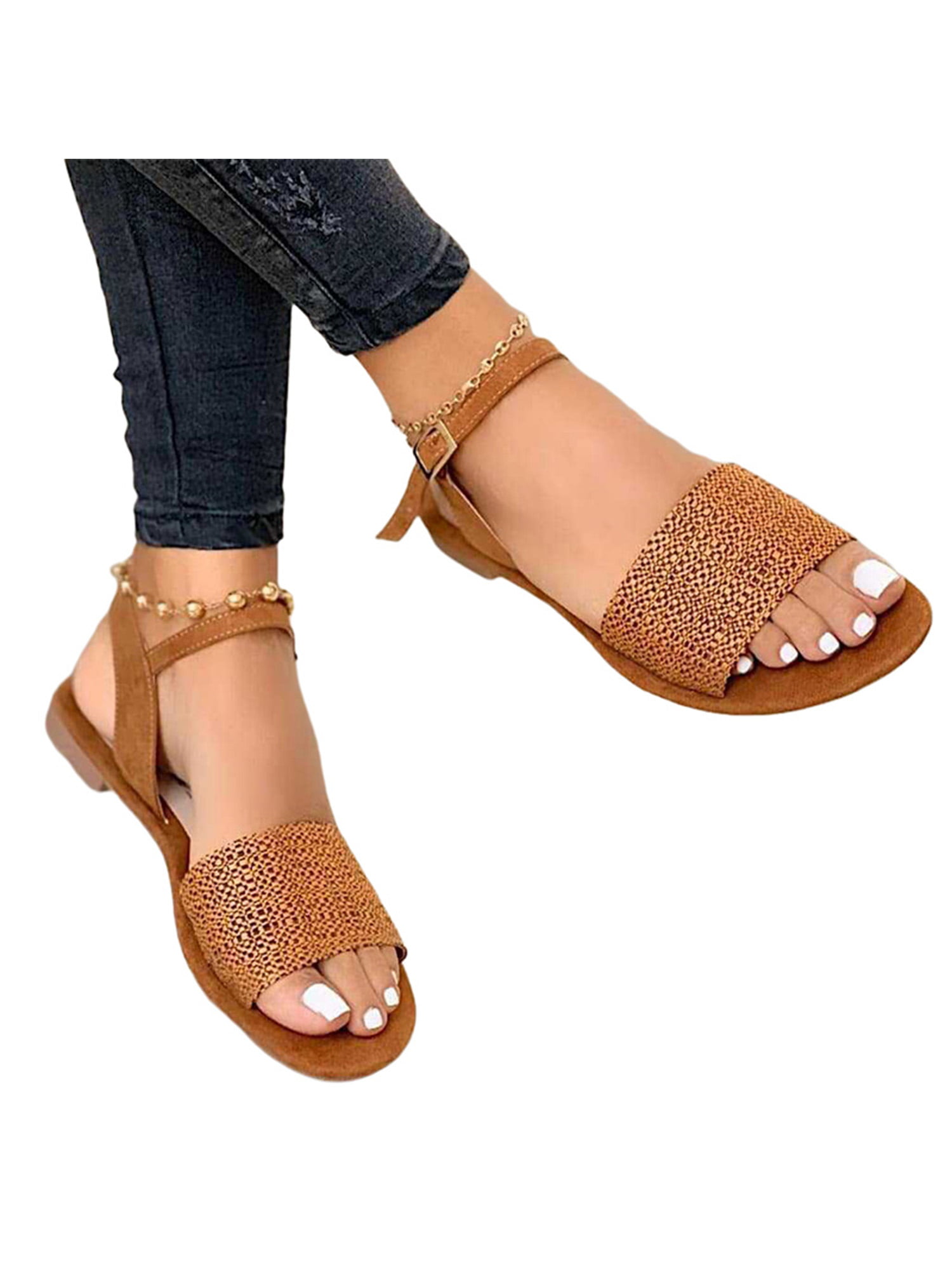 ❤️Women Rhinestone Buckle Slippers Slip On Slider Flat Sandals Summer Shoes Size 