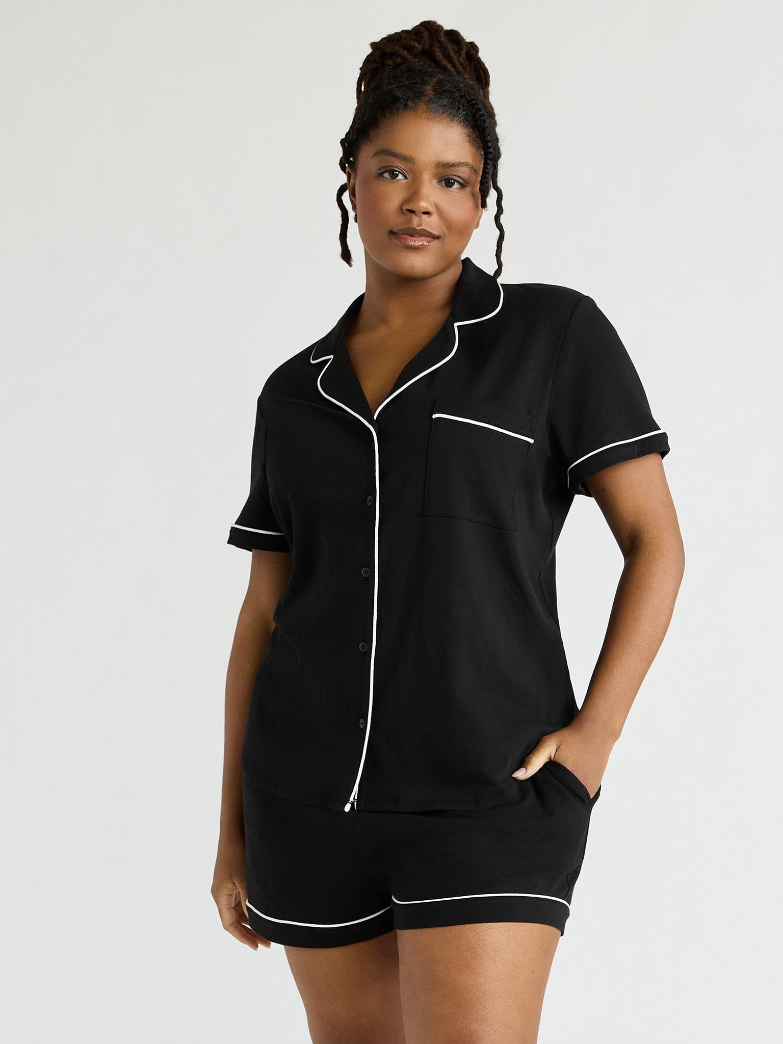 Joyspun Women's Cotton Blend Notch Collar Top and Shorts Pajama Set, 2-Piece, Sizes S to 4X