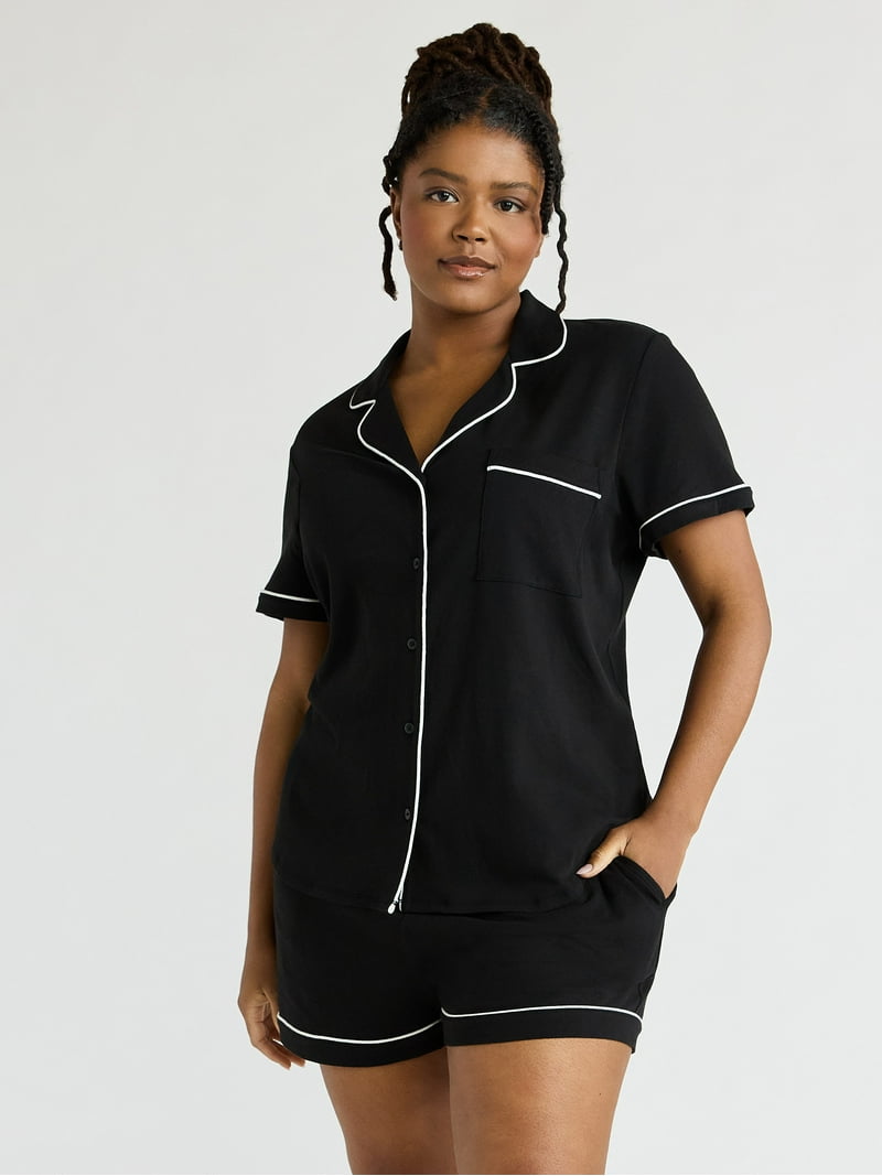 Joyspun Women's Cotton Blend Notch Collar Top and Shorts Pajama
