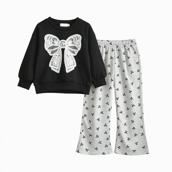 xaweyi Girls' Cute and Casual Large Bow Tie Pullover for and Winter with Full Printed Bows The Pants and A Matching Pair Of Long Pants Set. Size 6 Years