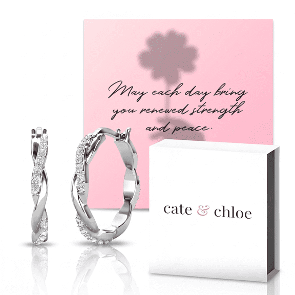 Cate & Chloe Lauren 18k White Gold Plated 22mm Hoop Earrings & Strength and Peace Shadow Card