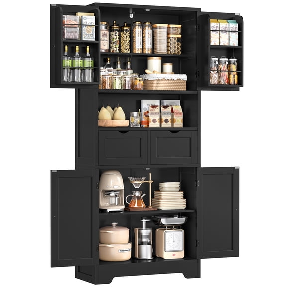 TEENFON Kitchen Pantry Cabinet with Adjustable Shelf, Tall Storage Cabinet with 2 Drawers & 4 Door, Food Pantry Cabinets, for Kitchen, Dining Room, Living Room, Black