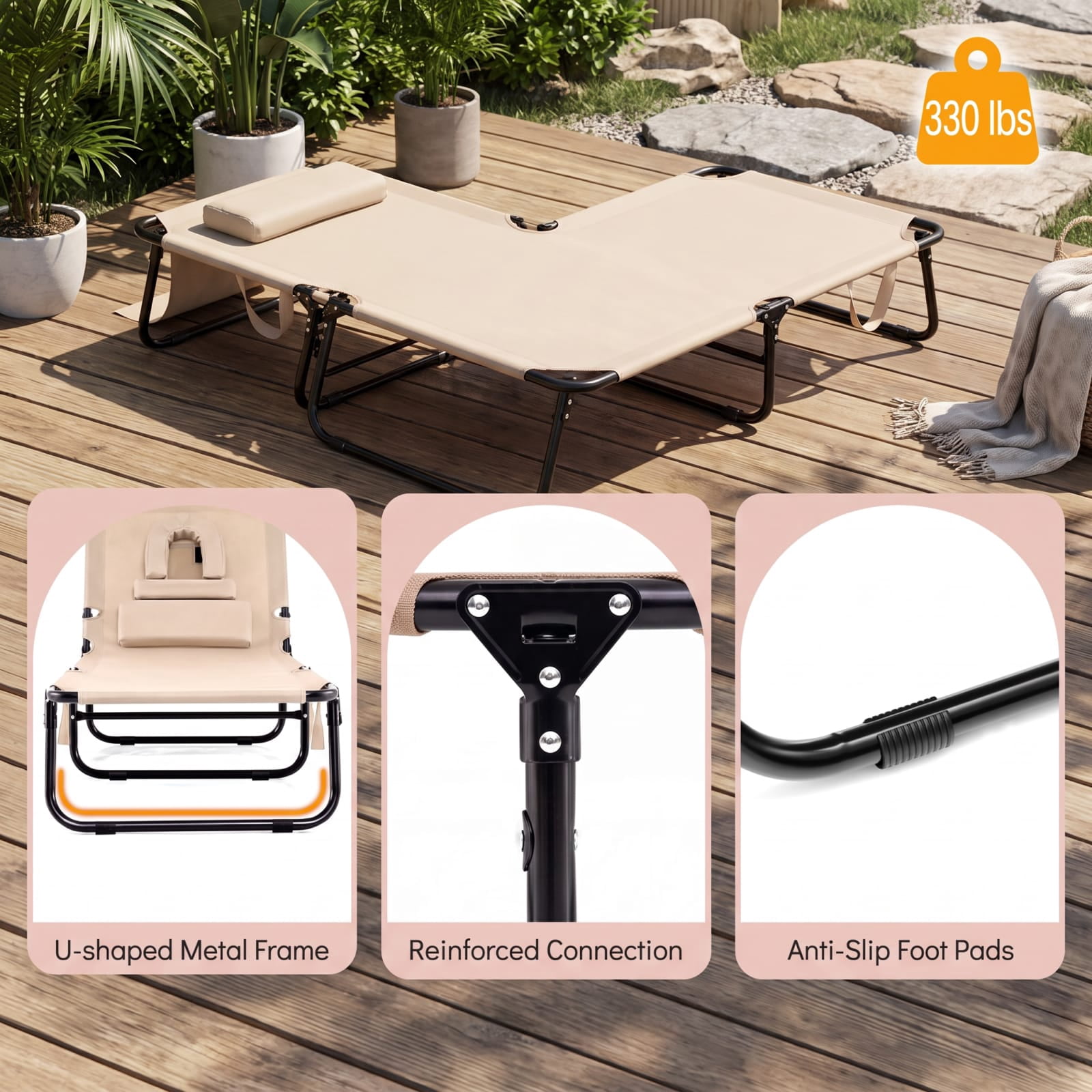 Furnibear Folding Patio Chair Solid Metal for Patio Porch Poolside Beige 330 lbs Capacity Weather-Resistant Outdoor Furniture