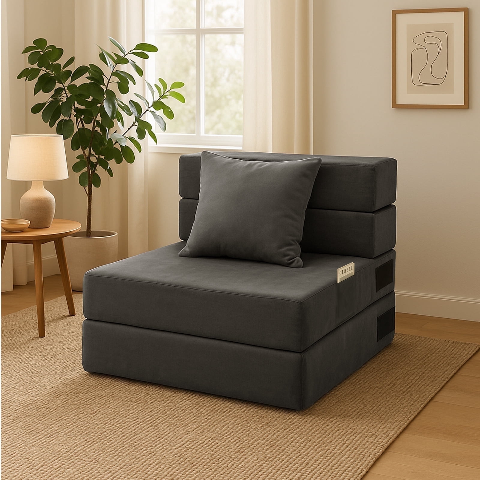 BYBYME Folding Sofa Bed, Convertible Floor Couch for Adults, Dark