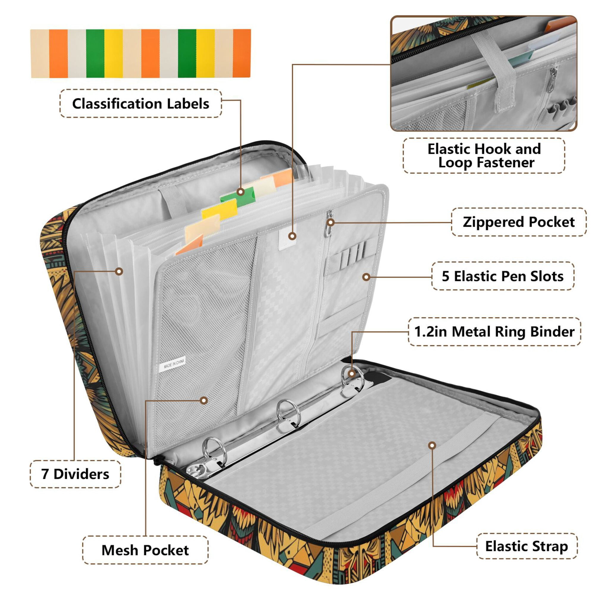 FORMRS Accordion File Folder A4 Size 7-Pocket Expanding Document Organizer Bag with 3 Ring Binder, Retro Abstract Eagle