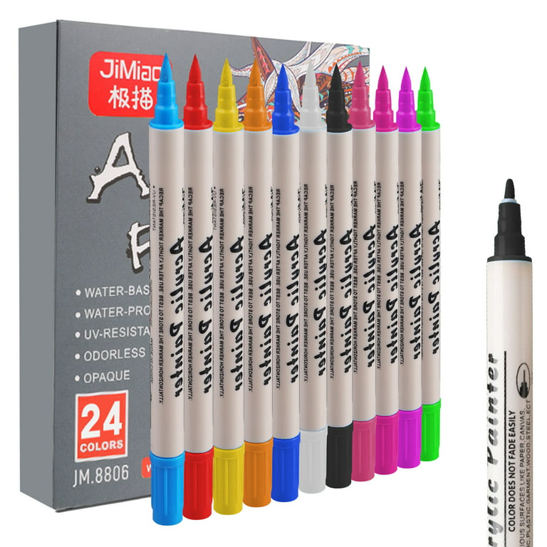 Elegant Choise Acrylic Paint Pens Low-Odor Water-Based Dual Tip Brush Pens for Rock, Glass, Wood, Canvas Extra Fine Tip, 24 Colors
