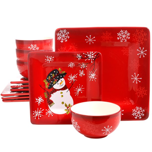 Laurie Gates Snappy Snowman 12 Piece Ceramic Dinnerware Set Walmart