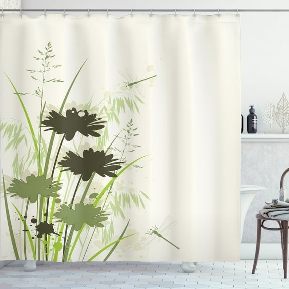Ambesonne Green Shower Curtain, Flowers Leaves Dragonfly, 69"Wx75"L, Pale Green Dark Green
