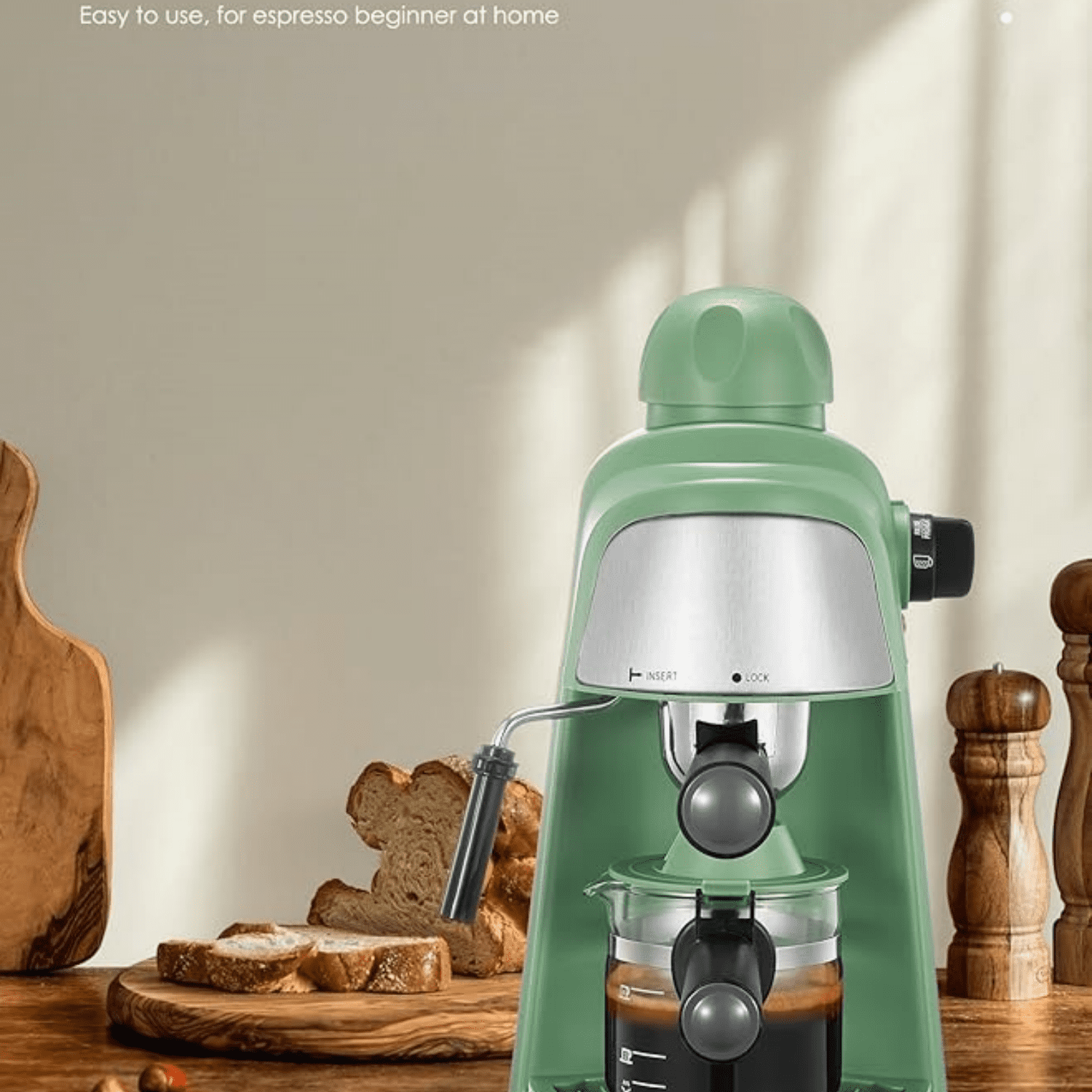 Espresso and Cappuccino Machine with Fast Heating Function, 1-4 Cups Coffee Maker with Milk Frothing Function and Steam Wand (Green)