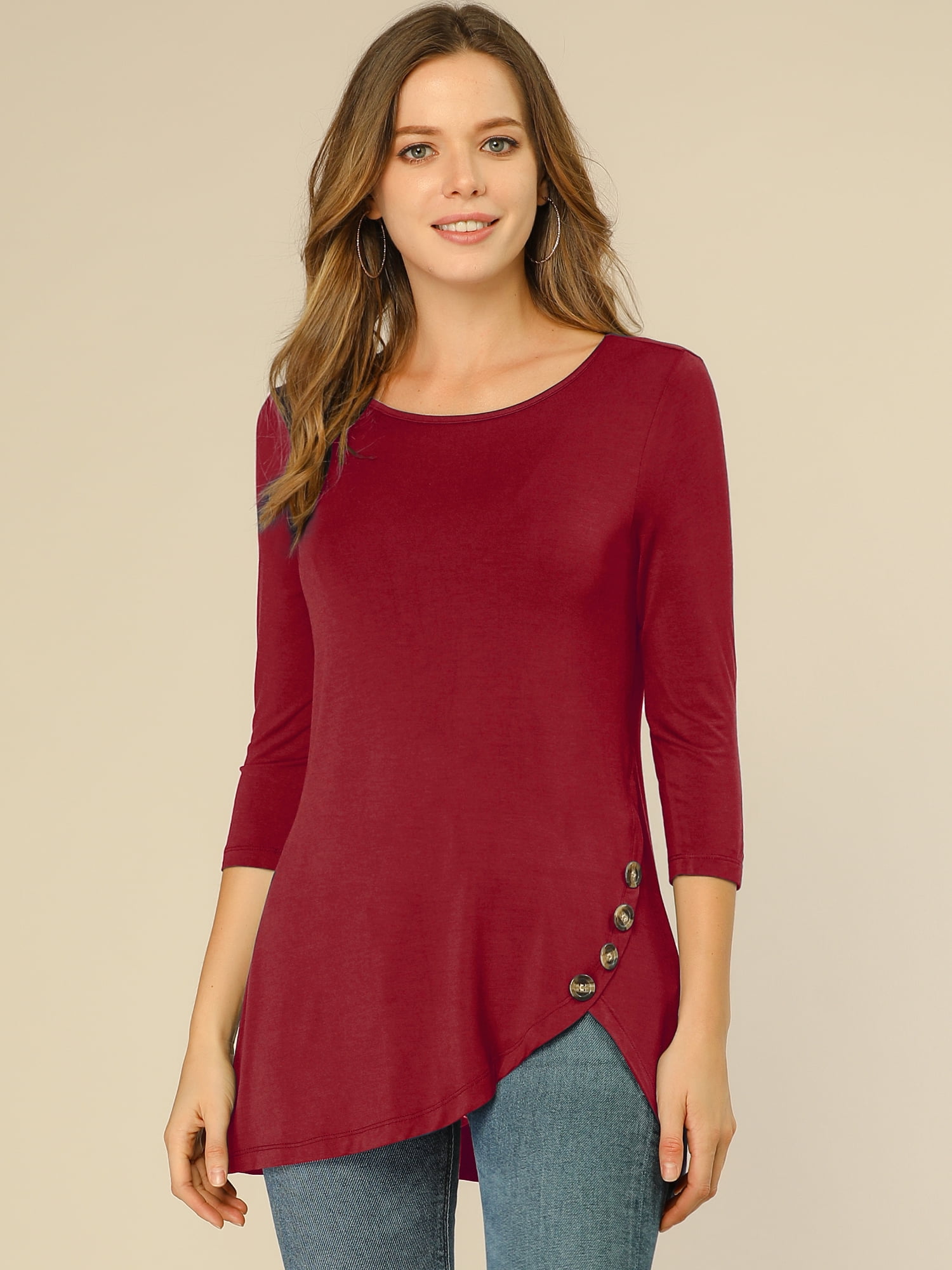 DARING DIVA Women's Casual Stretchy Tunic Asymmetric Hem Top XS Burgundy