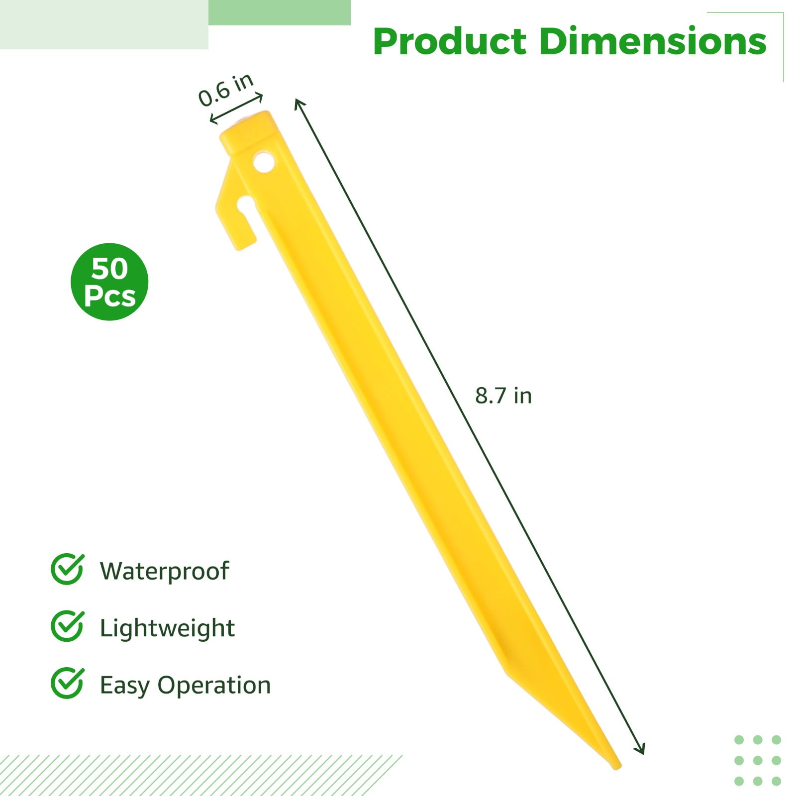 50 Pcs Heavy Duty Plastic Tent Stakes | 9" Wind-Resistant Pegs with Secure Hook Design, Unbreakable and Inflexible Tent Spikes for Camping Patio, Garden, Canopies, Grassland, Outdoor