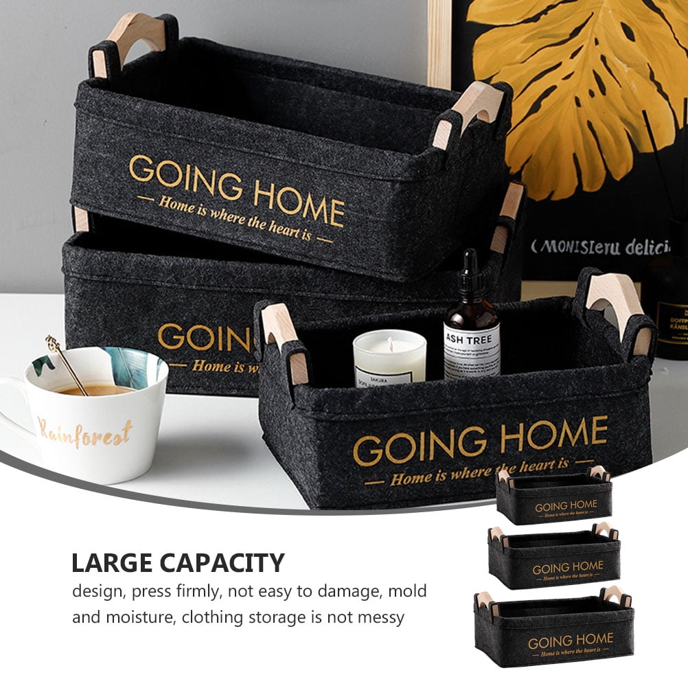 Milisten 3Pcs Black Baskets for Organizing Non-woven Fabrics with Wooden Handle Design for Living Room
