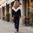thumbnail image 5 of Szluipve Women’s Color Block Tracksuit 2 Piece Outfits Half Zip Stand Collar Chevron Patchwork Sweatshirt & Side Stripe Wide Leg Pants Casual Loungewear Set Black XL, 5 of 7