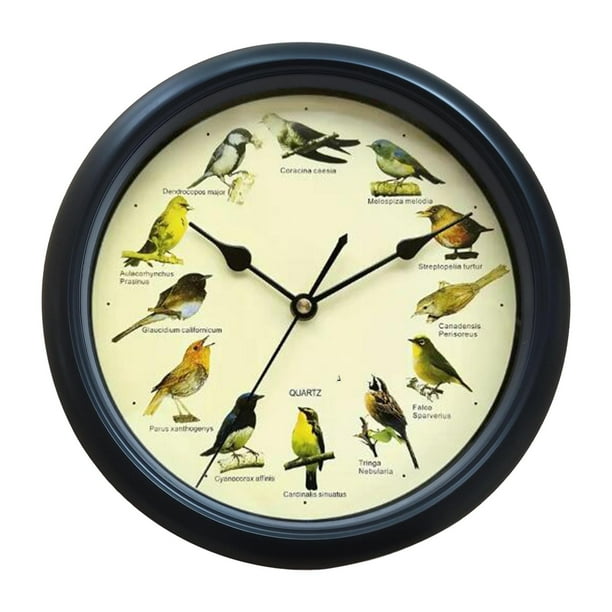 Reloj de pared con pájaro cantor, reloj melódico multiusos, funciona con pilas. Negro 32cm