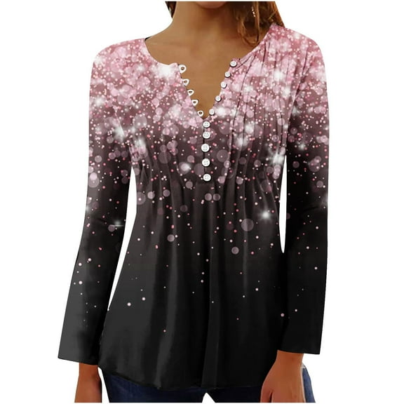Women's Fashion V Neck Long Sleeve Tunic Tops Casual Pleated Front Color Block Patchwork Print Pullover Button Shirts(Pink,XL)