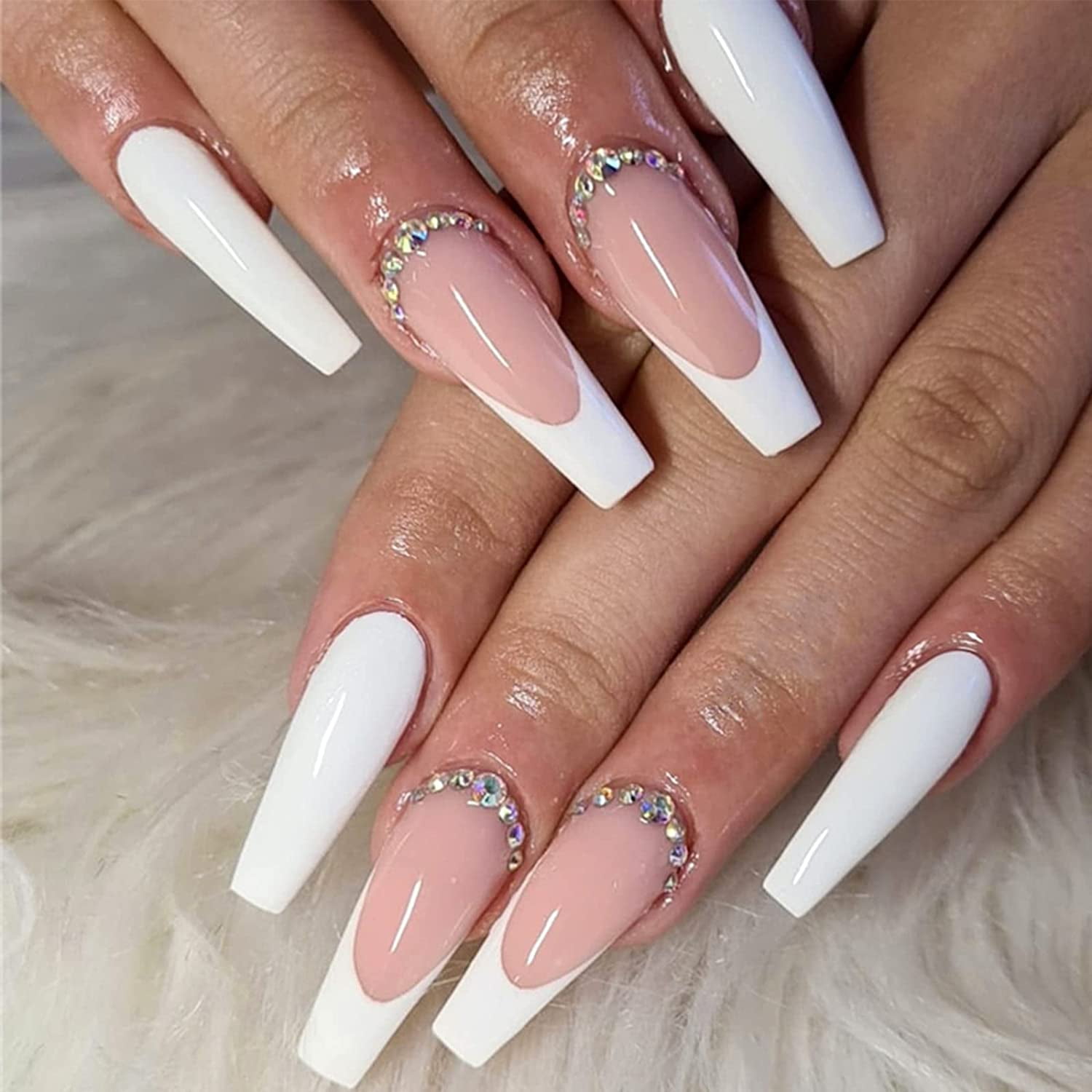 French Tip Press on Nails Long White Ballerina Stick on Nails Coffin Fake  Nails with Rhinestones Design Glossy Glue on Acrylic Nails for Women -  