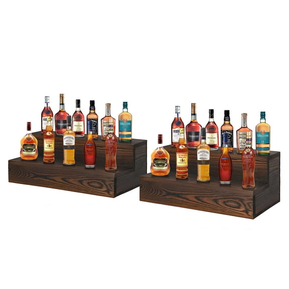 2 Pack Liquor Bottle Display Shelf Wood, 2 Tier Bar Shelf for Liquor, Bar Display Stand Liquor Bottles Shelves for Home Bar Liquor Cabinet Decor