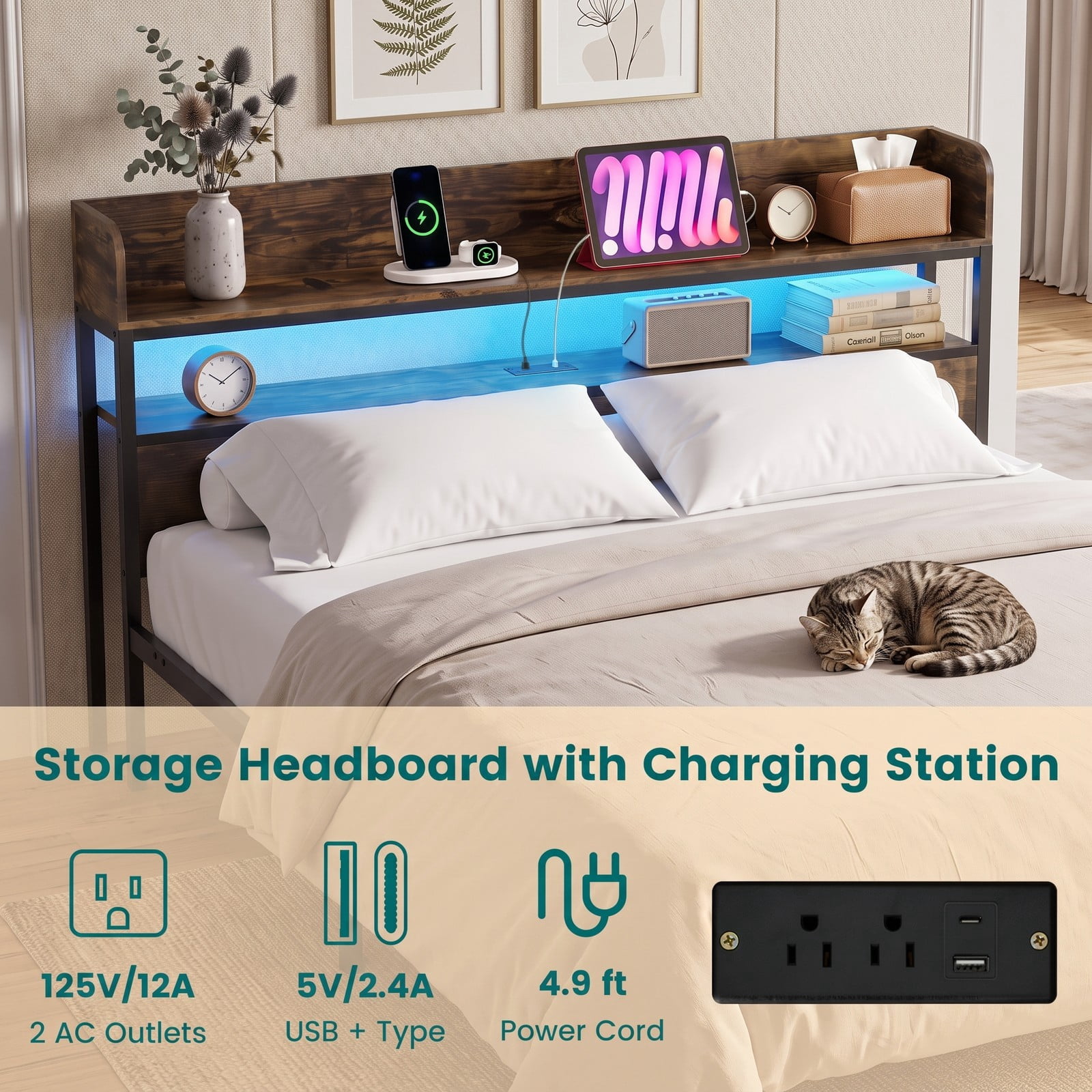 Furnibear Queen Size Bed Frame with Storage Headboard, LED Platform Bed Frame with Power Outlets and USB Ports, Rustic Brown