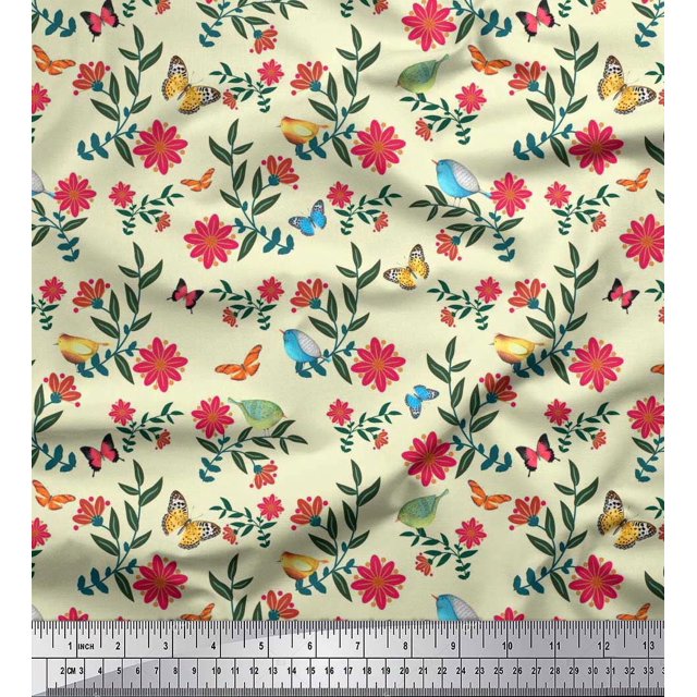 Soimoi Yellow Polyester Crepe Fabric Insect,Bird & Floral Artistic Print Fabric by Yard 42 Inch Wide