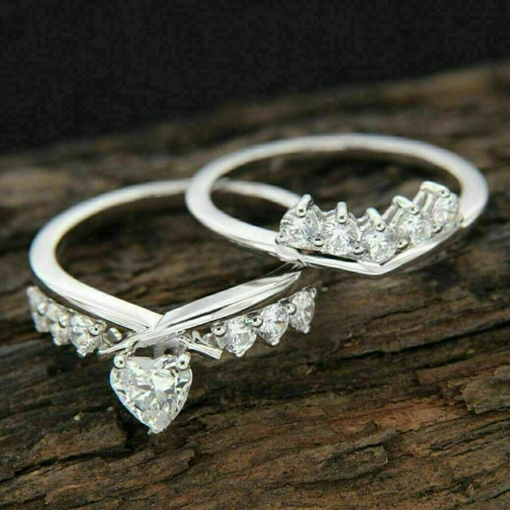 Sparkle Jewels 2.60ct White Heart Cut Cubic Zirconia Engagement 925 Silver Bridal Set Ring