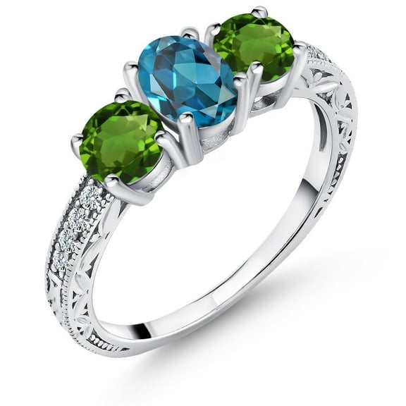 Gem Stone King 925 Sterling Silver London Blue Topaz and Green Chrome Diopside Women Ring (2.12 Ct Oval Gemstone Birthstone, Size 6)
