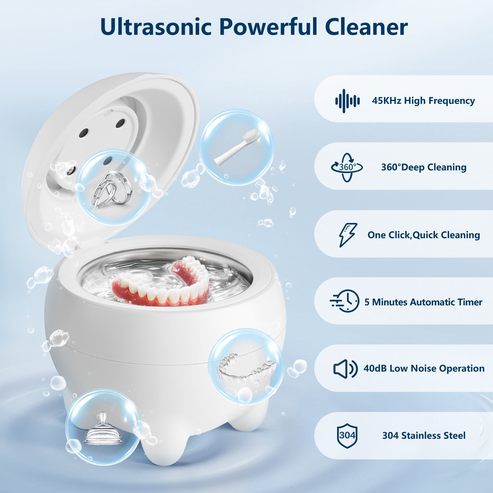 Ultrasonic Retainer Cleaner, 45kHz Ultrasonic Retainer Cleaner Machine Dental Pod, Denture Cleaner for Aligners, Dentures, Night Guards, Jewelry & Rings, Low Noise Compact Cleaner, White