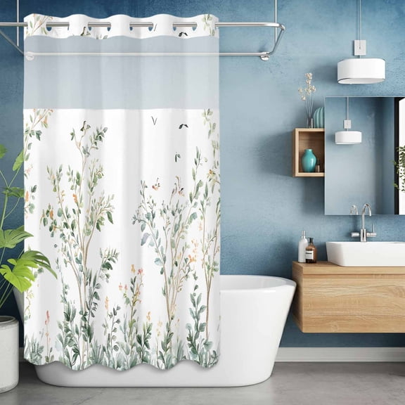 No Hook Shower Curtain with Snap in Liner, Retro Rural Flower Scenery Waterproof Bath Curtain Double Layers with See Through Top Window, Rural Country Botanical Leaves Hotel Shower Curtains 36x72in
